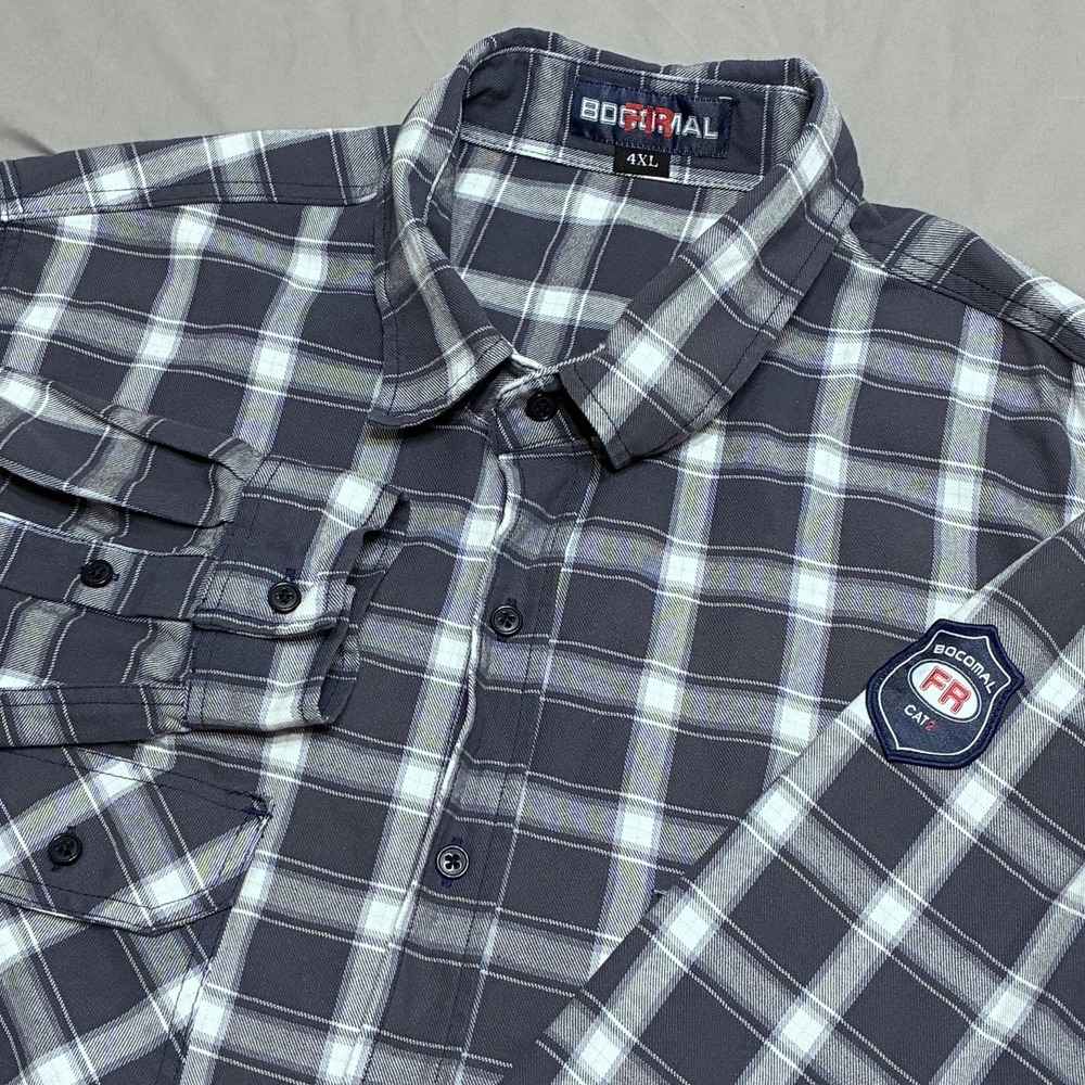 BOCOMAL Men's 2XL FR Fire Resistant Plaid Flannel Button-Front Work Shirt